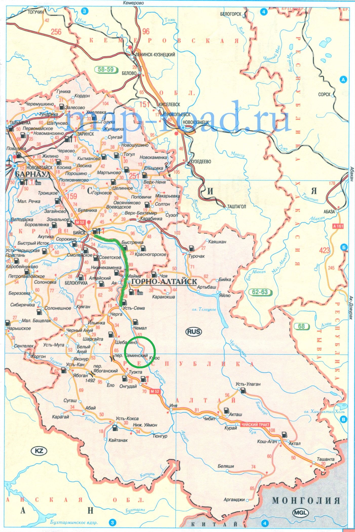 Карта туристических мест горного алтая